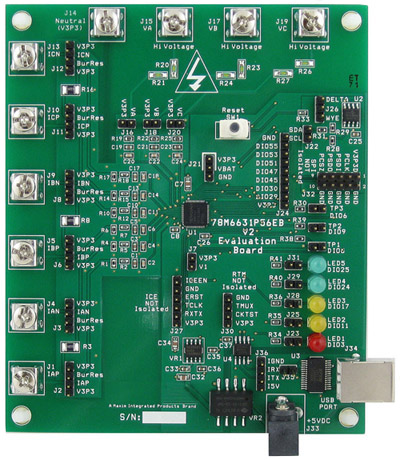 The evaluation board for the 78M6631 three-phase power measurement and monitoring IC Maxim evaluation board for the 78M6631